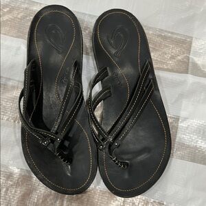 Olukai Black Leather Sandals